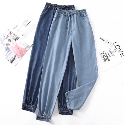Ice silk loose thin high waisted denim pants for ladies