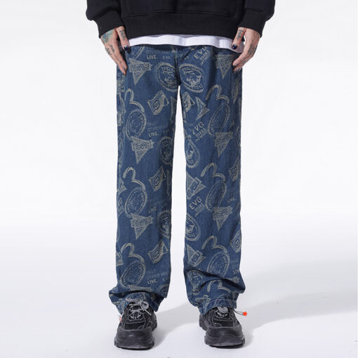 Hip hop jacquard jeans leggings men's loose straight jeans men - Image 4