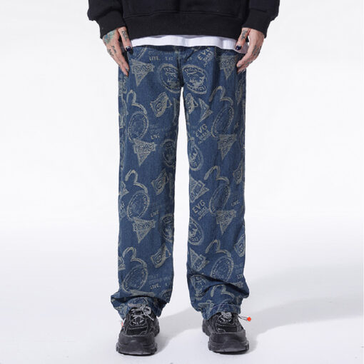 Hip hop jacquard jeans leggings men's loose straight jeans men