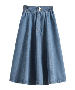 Medium length denim skirt with pleated high waist and thin skirt