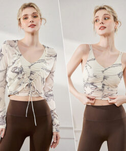 Two piece set, breathable mesh, ink printed long sleeved fitness cover, pleated strap sun protection yoga set